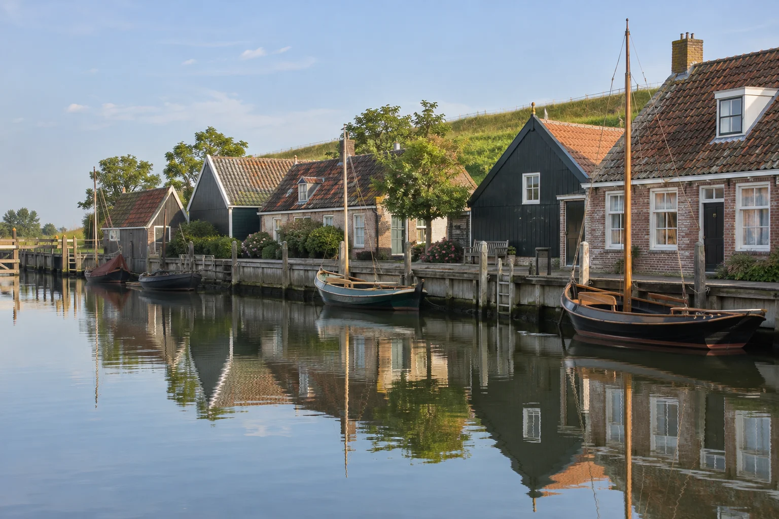 Gegenereerd sfeerbeeld van een haven met zeilboten, houten schuren en bakstenen huizen onder een groene dijk.